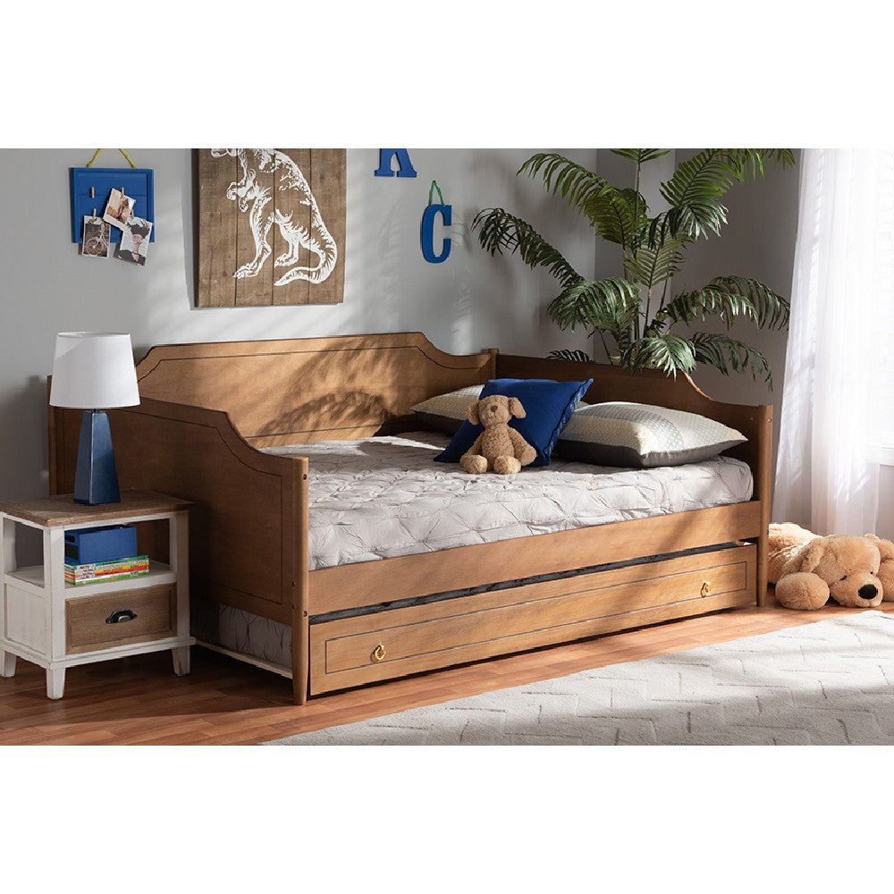 Baxton Studio Alya Classic Traditional Farmhouse Walnut Brown Finished Wood Full Size Daybed with Roll-Out Trundle Bed