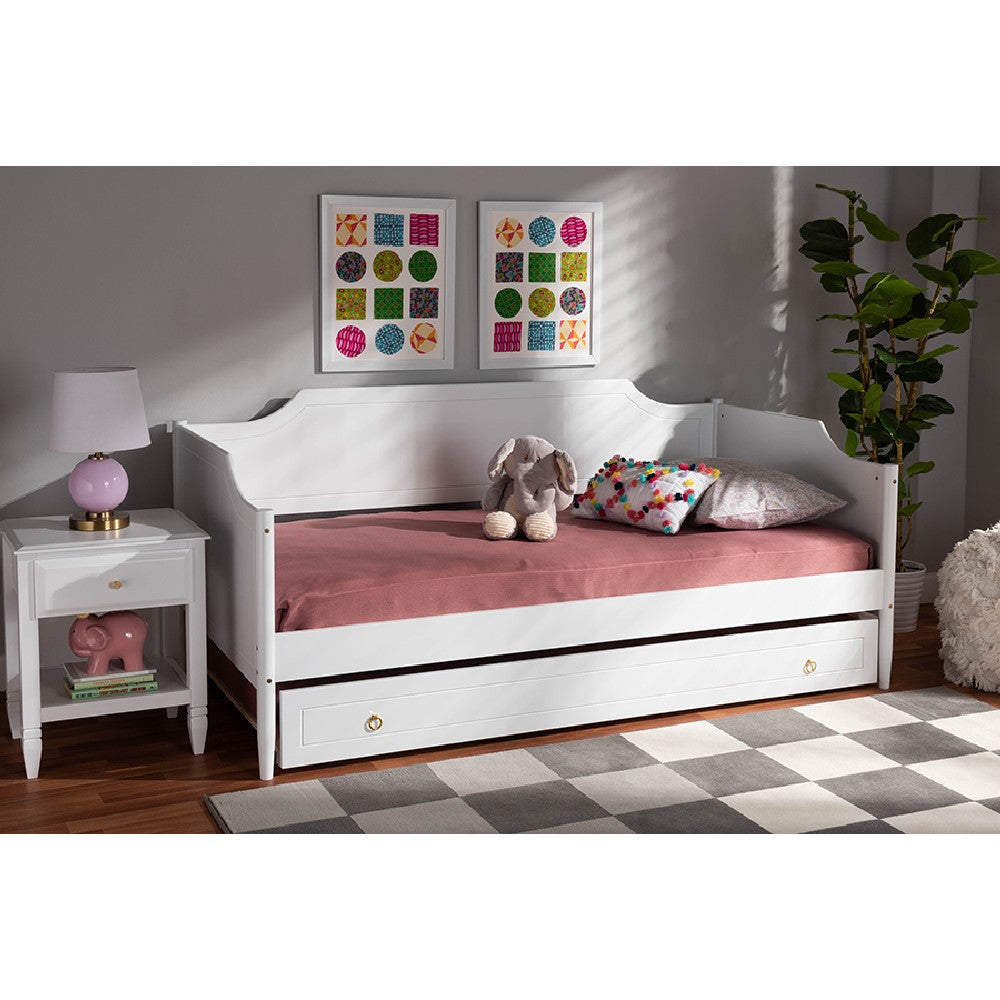 Baxton Studio Alya Classic Traditional Farmhouse White Finished Wood Twin Size Daybed with Roll-Out Trundle Bed