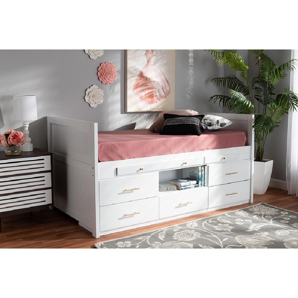 Baxton Studio Mirza Modern and Contemporary White Finished Wood 5-Drawer Twin Size Storage Bed with Pull-Out Desk WHI-MG0041-White-Twin