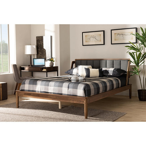 Baxton Studio Helsa Mid-Century Modern Dark Grey Fabric Upholstered and Walnut Finished Full Size Platform Bed