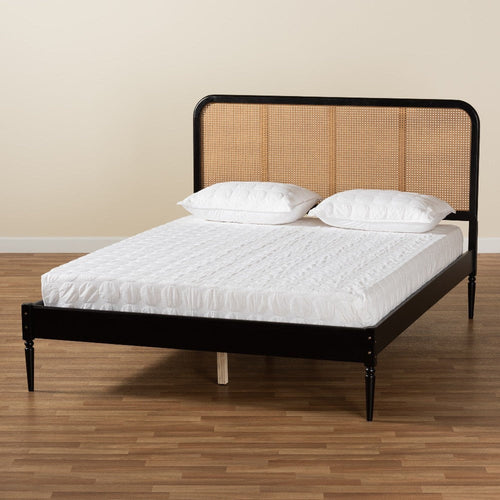 Baxton Studio Elston Mid-Century Modern Charcoal Finished Wood and Synthetic Rattan Queen Size Platform Bed