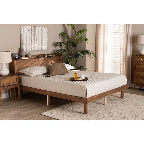 Baxton Studio Decker Mid-Century Modern Transitional Walnut Brown Finished Wood Full Size Platform Bed with Charging Station