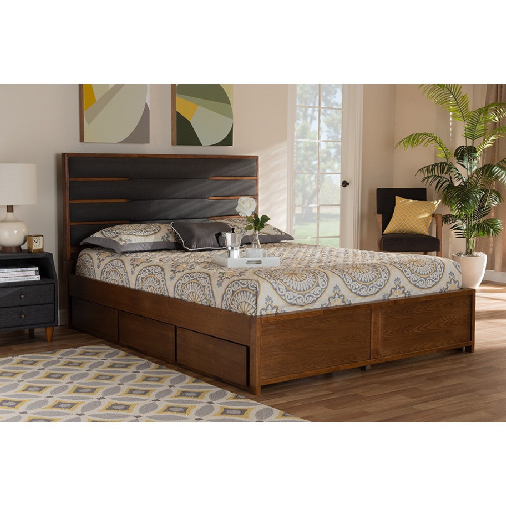 Baxton Studio Elin Modern and Contemporary Dark Grey Fabric Upholstered Walnut Finished Wood Queen Size Platform Storage Bed with Six