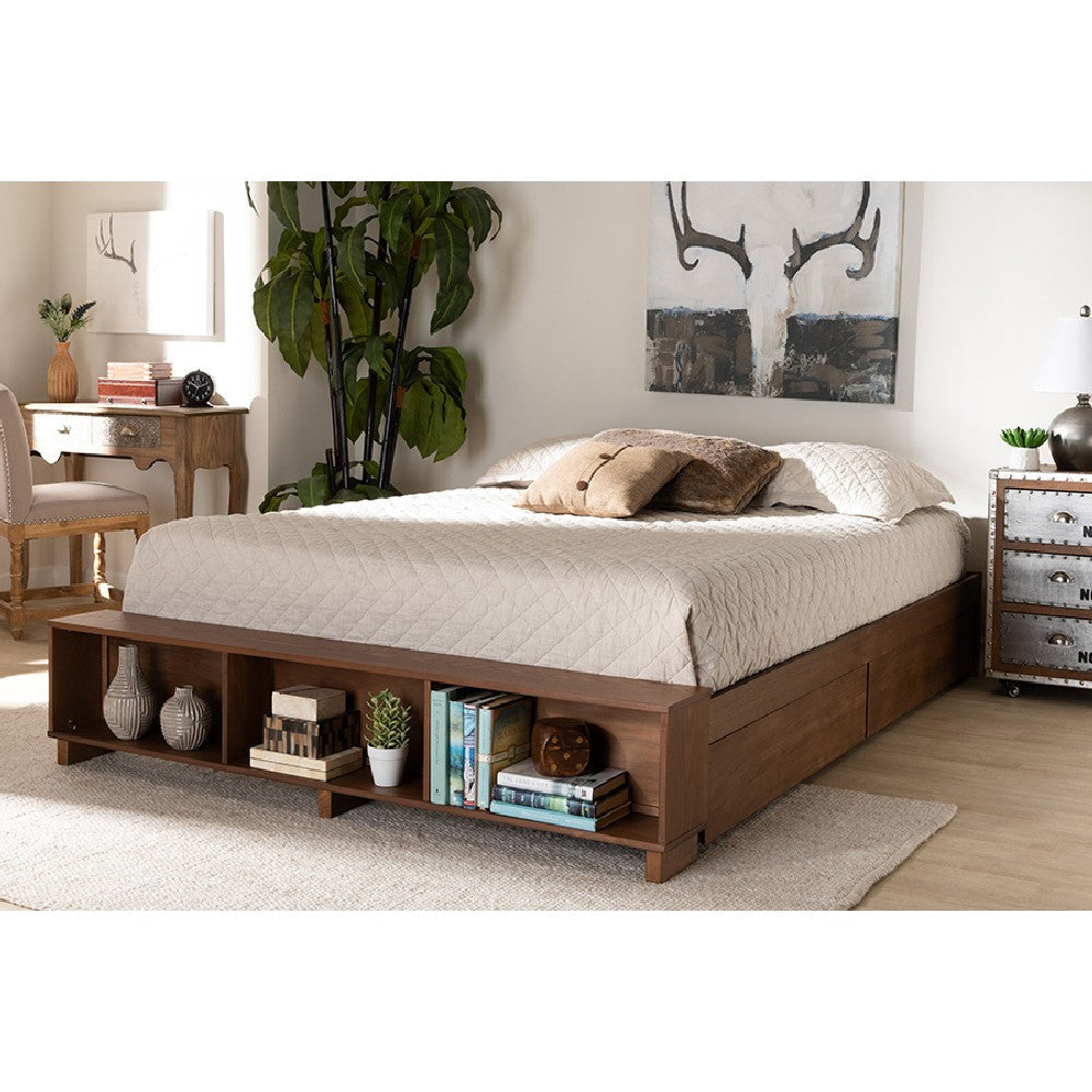 Baxton Studio Arthur Modern Rustic Ash Walnut Brown Finished Wood Full Size Platform Bed with Built-In Shelves