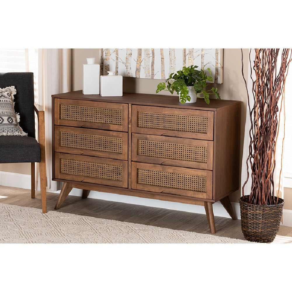 Baxton Studio Barrett Mid-Century Modern Walnut Brown Finished Wood and Synthetic Rattan 6-Drawer Dresser WHI-MG9001-Rattan-6DW-Dresser