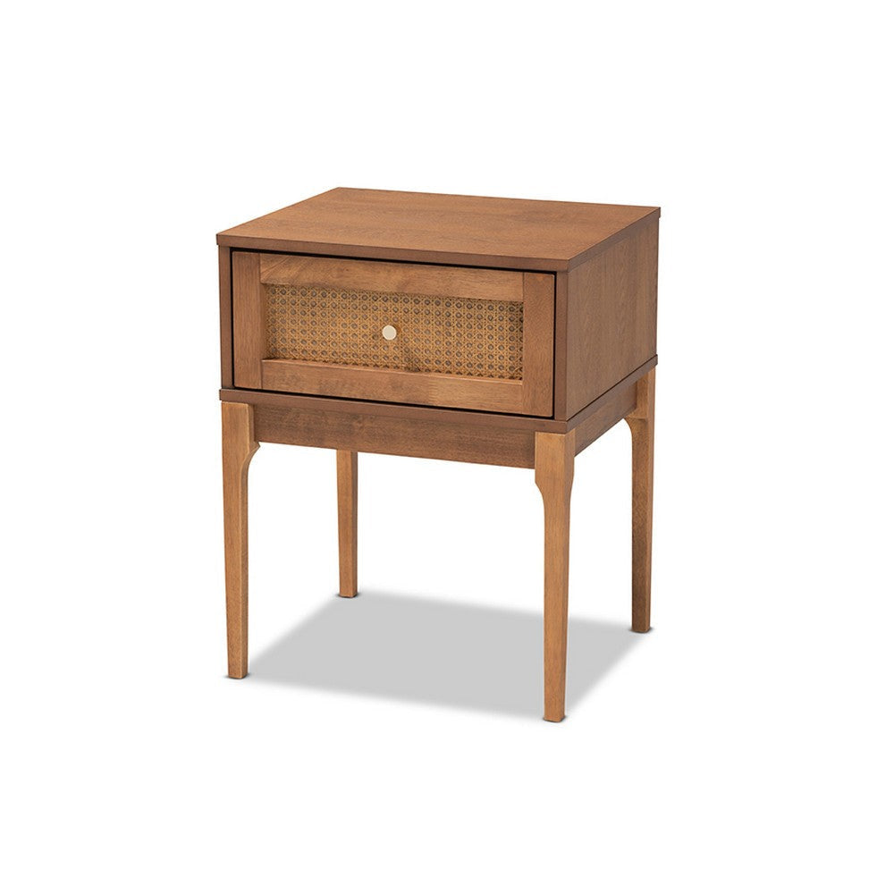 Baxton Studio Ramiel Mid-Century Modern Ash Walnut Finished Wood and Rattan 1-Drawer Nightstand WHI-MG9005-Ash-Walnut-Rattan-NS
