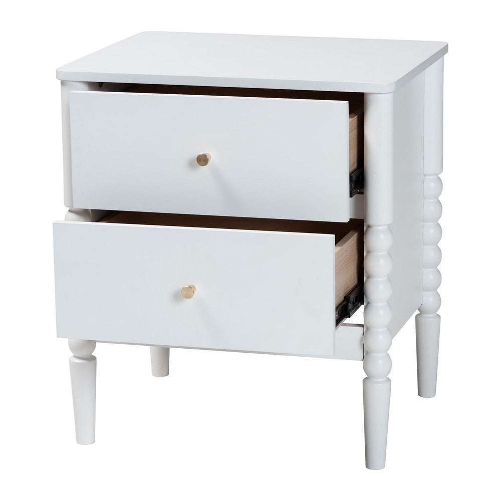 Baxton Studio Lucera Mid-Century White 2-Drawer Bobbin Nightstand WHI-MG9011-White-2DW-NS