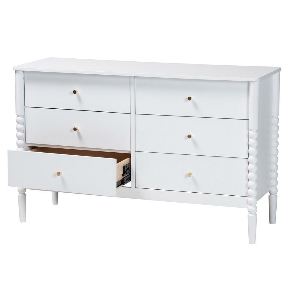 Baxton Studio Lucera Mid-Century White Bobbin Wood 6-Drawer Dresser WHI-MG9011-White-6DW-Dresser
