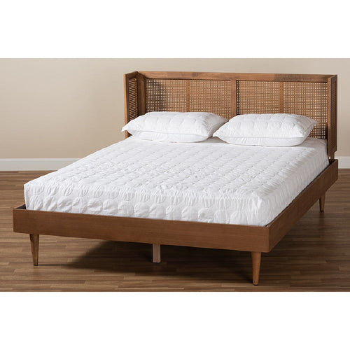 Baxton Studio Rina Mid-Century Modern Ash Wanut Finished Wood and Synthetic Rattan Queen Size Platform Bed with Wrap-Around Headboard