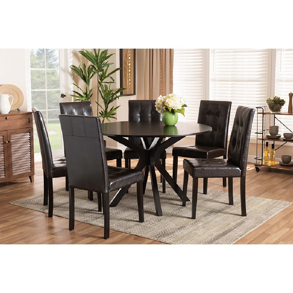 Baxton Studio Marie Modern and Contemporary Dark Brown Faux Leather Upholstered and Dark brown Finished Wood 7-Piece Dining Set