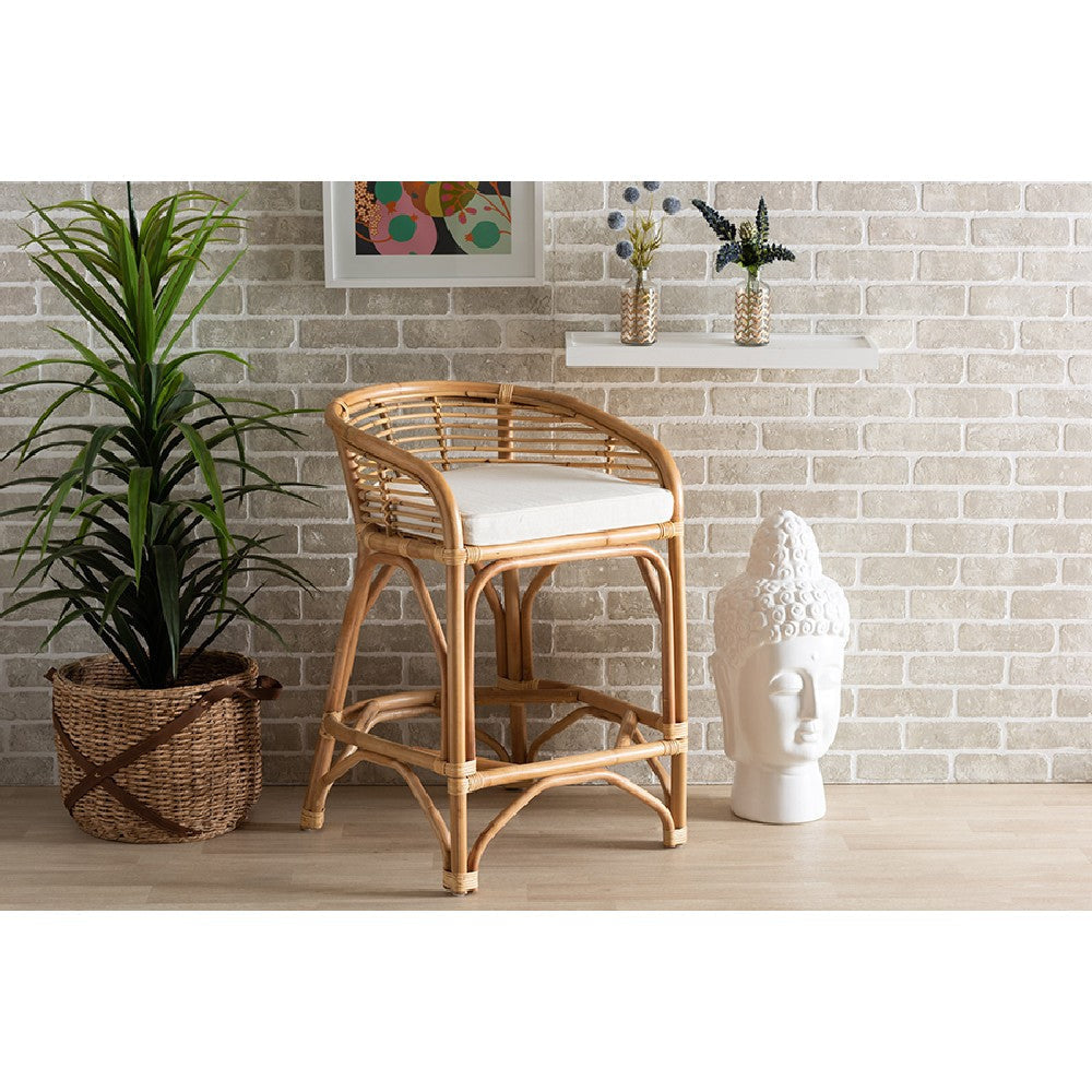 bali & pari Maverick Modern Bohemian White Fabric Upholstered and Natural Brown Rattan Counter Stool WHI-Maverick-Rattan-CS