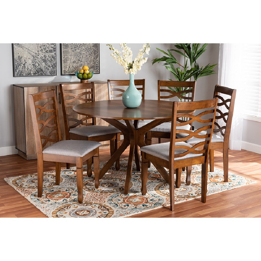 Baxton Studio Mila Modern and Contemporary Grey Fabric Upholstered and Walnut Brown Finished Wood 7-Piece Dining Set