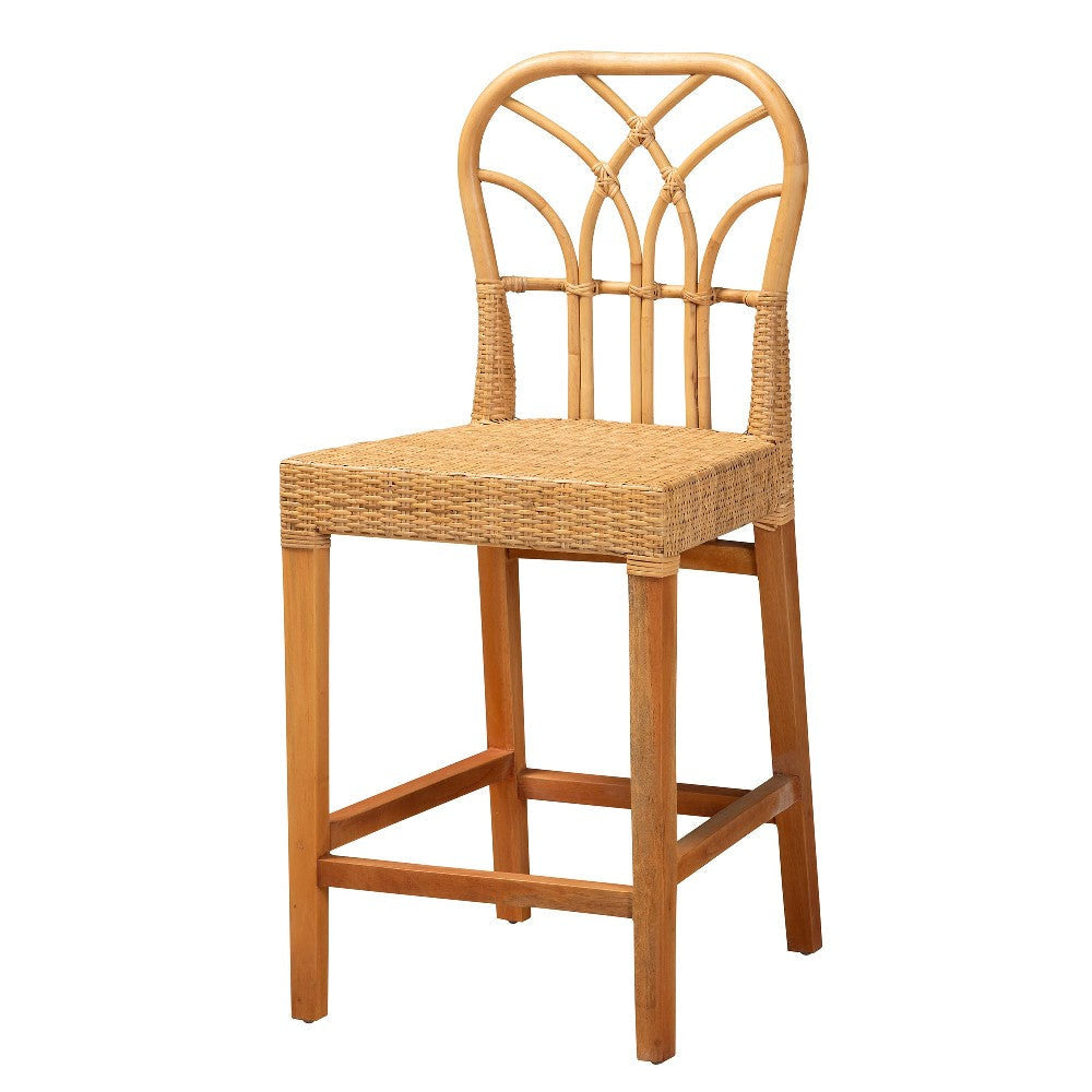 bali & pari Monaco Modern Bohemian Natural Rattan and Mahogany Wood Counter Stool WHI-Monaco-Rattan-CC