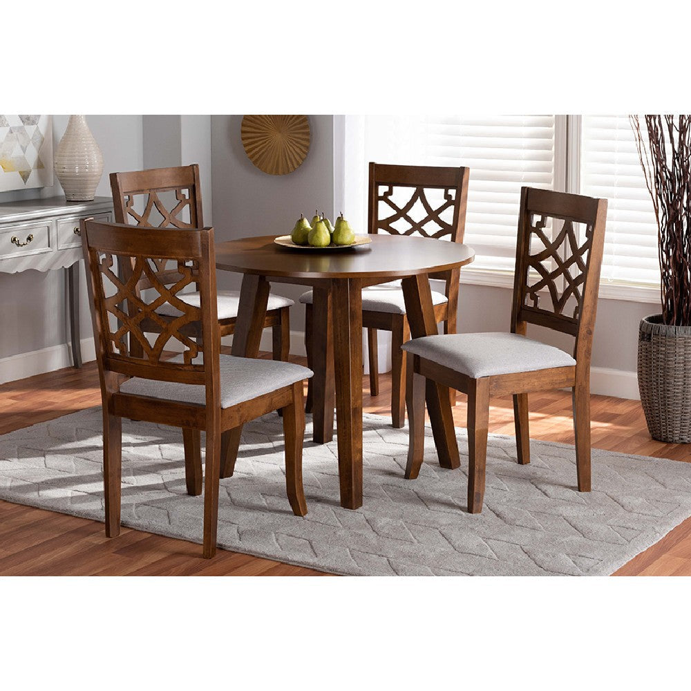 Baxton Studio Mya Modern and Contemporary Grey Fabric Upholstered and Walnut Brown Finished Wood 5-Piece Dining Set