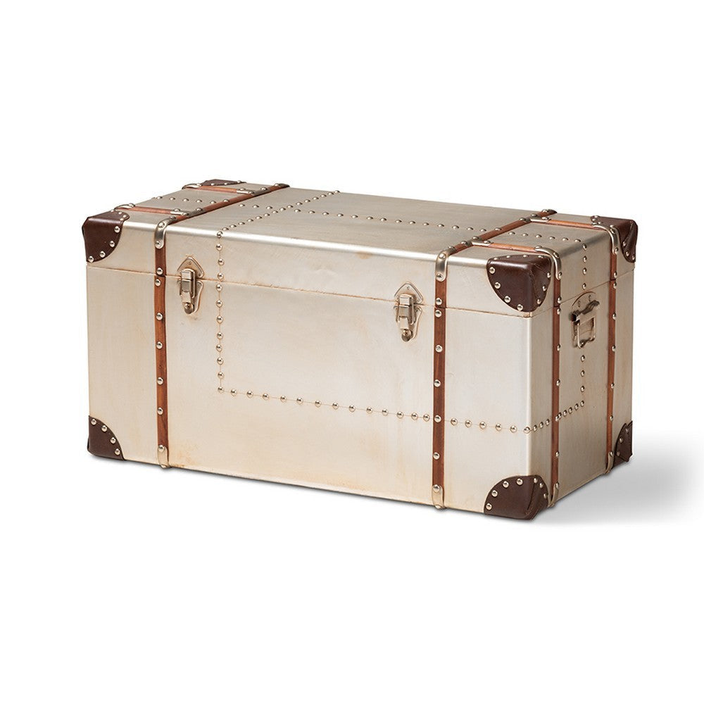 Baxton Studio Bechet French Industrial Silver Metal Storage Trunk WHI-NCC2802M-Silver-Trunk