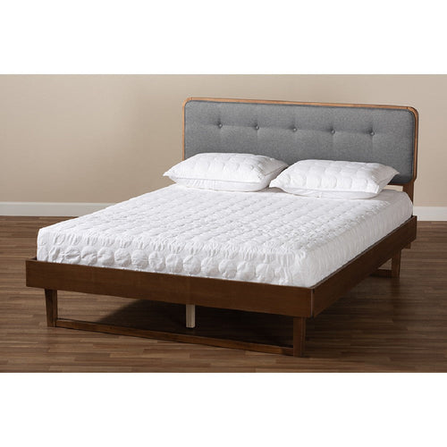 Baxton Studio Natalia Mid-Century Modern Dark Grey Fabric Upholstered and Ash Walnut Finished Wood Full Size Platform Bed