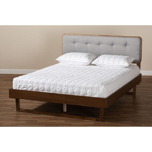 Baxton Studio Natalia Mid-Century Modern Light Grey Fabric Upholstered and Ash Walnut Finished Wood Full Size Platform Bed