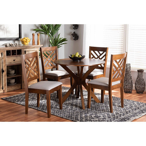 Baxton Studio Norah Modern and Contemporary Grey Fabric Upholstered and Walnut Brown Finished Wood 5-Piece Dining Set
