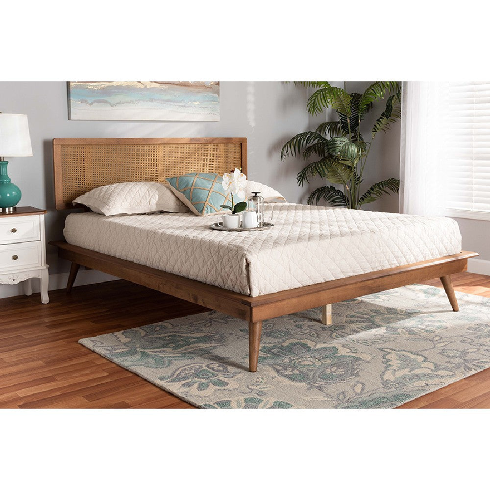 Baxton Studio Nura Mid-Century Modern Walnut Brown Finished Wood and Synthetic Rattan Full Size Platform Bed WHI-Nura-Ash-Walnut-Rattan-Full