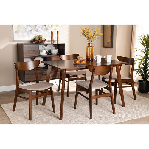 Baxton Studio Orion Mid-Century Modern Transitional Light Beige Fabric Upholstered and Walnut Brown Finished Wood 5-Piece Dining Set