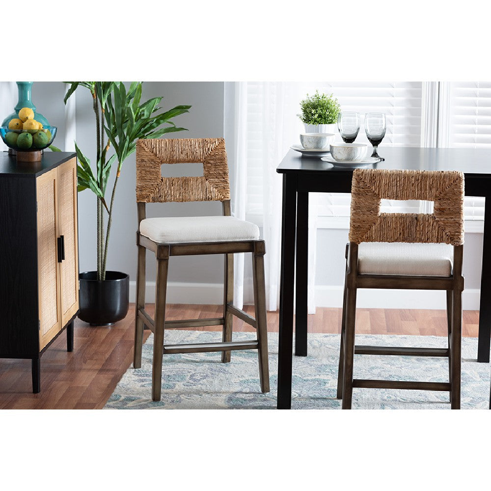 bali & pari Porsha Modern Bohemian Dark Brown Finished Mahogany Wood and Natural Rattan Counter Stool WHI-Porsha-Mahogany-CS