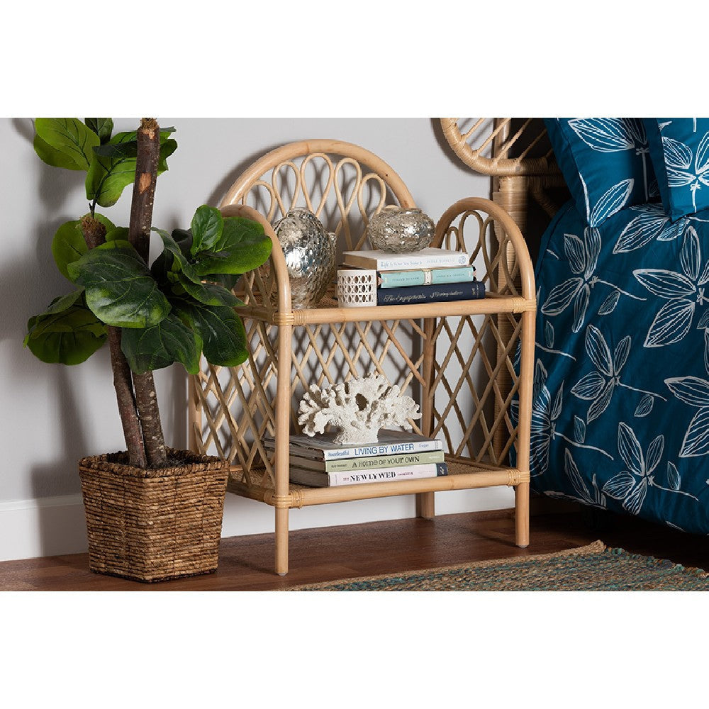 bali & pari Hammond Modern Bohemian Natural Brown Rattan 2-Tier Display Shelf WHI-RBS016-Rattan-Shelf