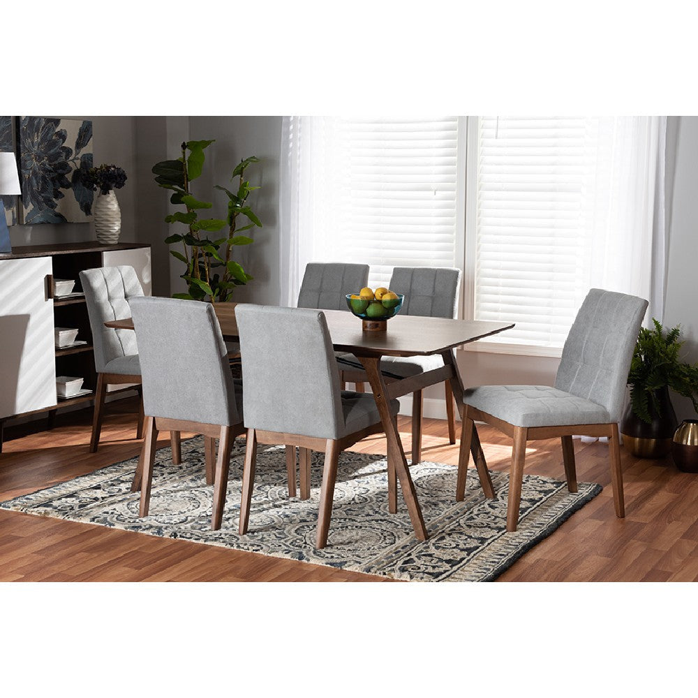 Baxton Studio Tara Mid-Century Modern Light Grey Fabric Upholstered and Walnut Brown Finished Wood 7-Piece Dining Set