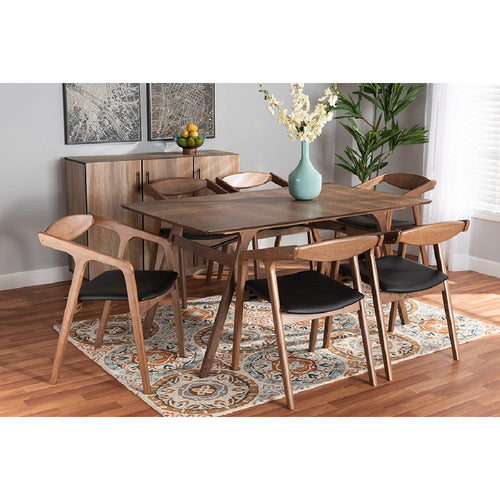 Baxton Studio Harland Mid-Century Modern Black Faux Leather Upholstered and Walnut Brown Finished Wood 7-Piece Dining Set
