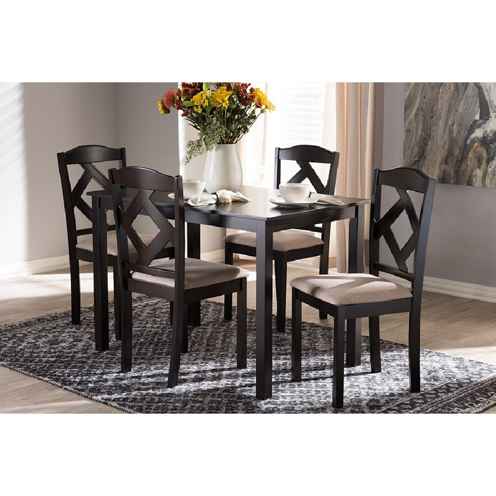 Baxton Studio Ruth Modern and Contemporary Beige Fabric Upholstered and Dark Brown Finished 5-Piece Dining Set