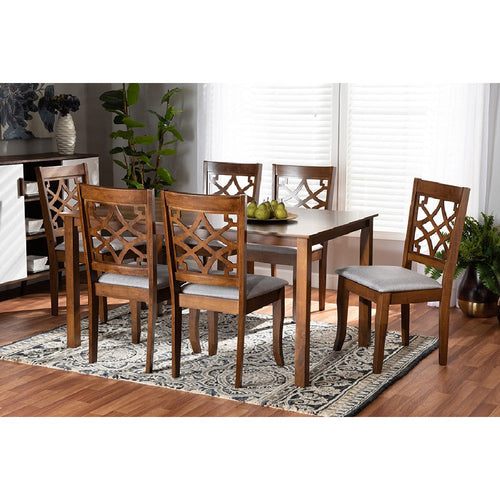Baxton Studio Mael Modern and Contemporary Grey Fabric Upholstered and Walnut Brown Finished Wood 7-Piece Dining Set