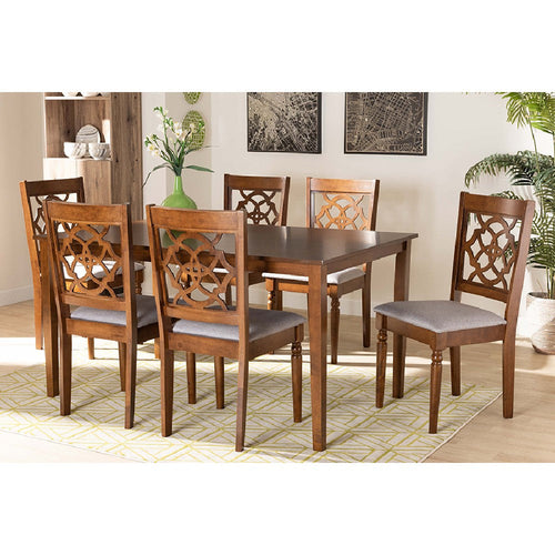 Baxton Studio Renaud Modern and Contemporary Grey Fabric Upholstered and Walnut Brown Finished Wood 7-Piece Dining Set
