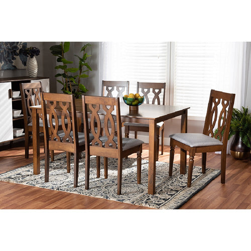 Baxton Studio Cherese Modern and Contemporary Grey Fabric Upholstered and Walnut Brown Finished Wood 7-Piece Dining Set
