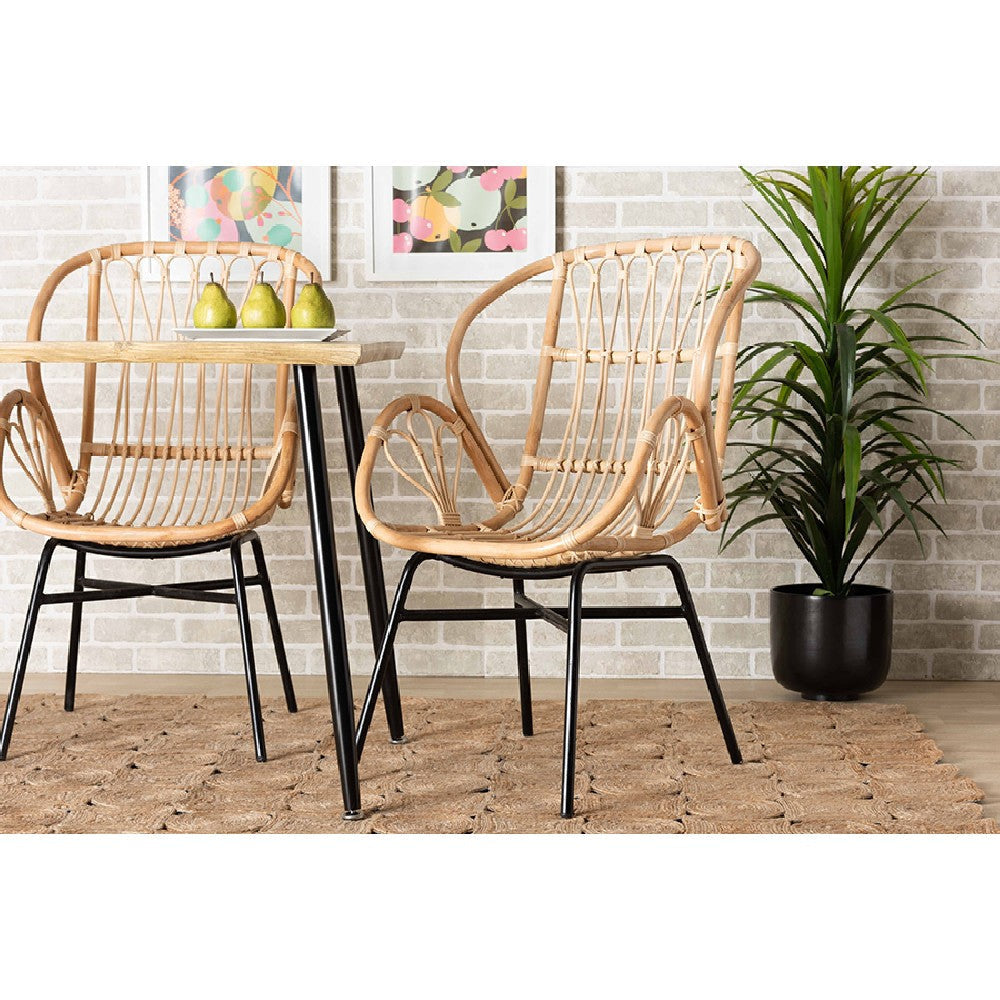 bali & pari Caelia Modern Bohemian Natural Brown Rattan and Black Metal Chair WHI-RMC033-Rattan-DC