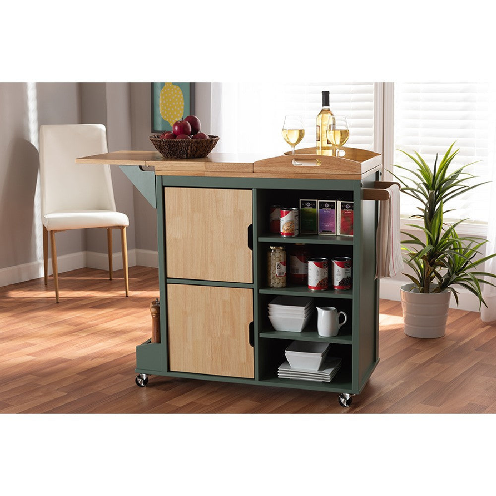 Baxton Studio Dorthy Coastal and Farmhouse Two-tone Dark Green and Natural Wood Kitchen Storage Cart WHI-RT670-OCC-Natural-Dark-Green-Cart