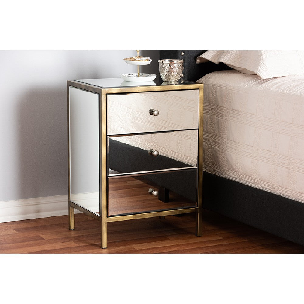 Baxton Studio Nouria Modern and Contemporary Hollywood Regency Glamour Style Mirrored 3-Drawer End Table WHI-RTB1368-1