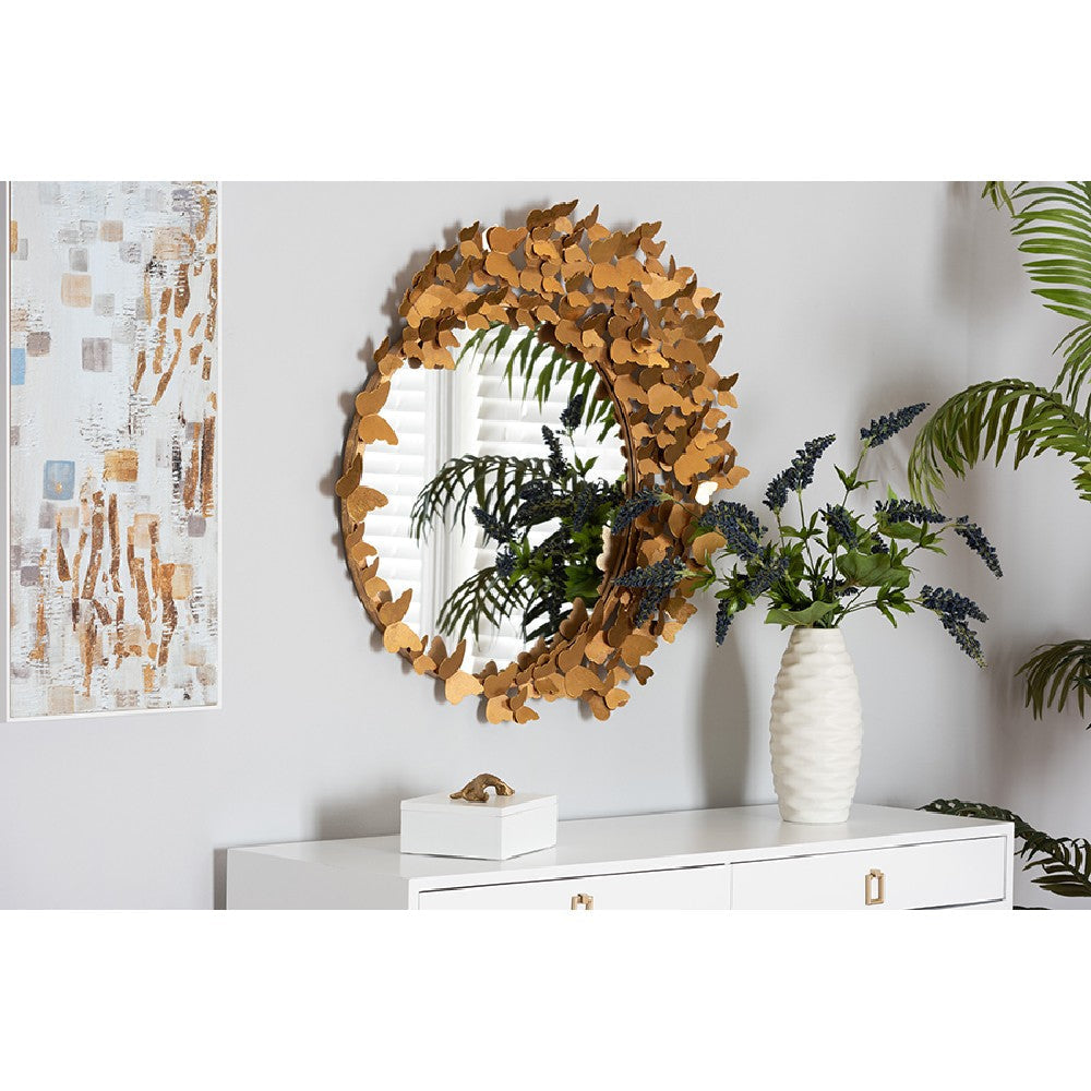 Baxton Studio Tauriel Modern Glam and Luxe Antique Goldleaf Metal Butterfly Accent Wall Mirror WHI-RXW-10049