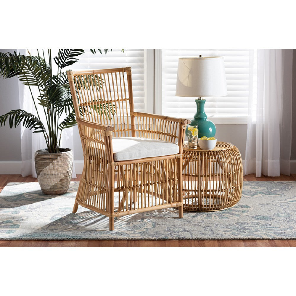 bali & pari Rose Modern Bohemian White Fabric Upholstered and Natural Brown Rattan Armchair WHI-Rose-Rattan-Armchair