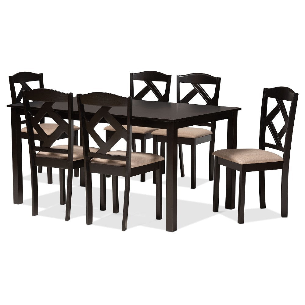 Baxton Studio Ruth Sand Fabric Upholstered and Dark Brown Finished Wood 7-Piece Dining Set WHI-Ruth-Sand-Dark-Brown-7PC-Dining-Set