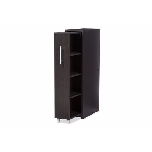 Baxton Studio Lindo Dark Brown Wood Bookcase with One Pulled-out Door Shelving Cabinet