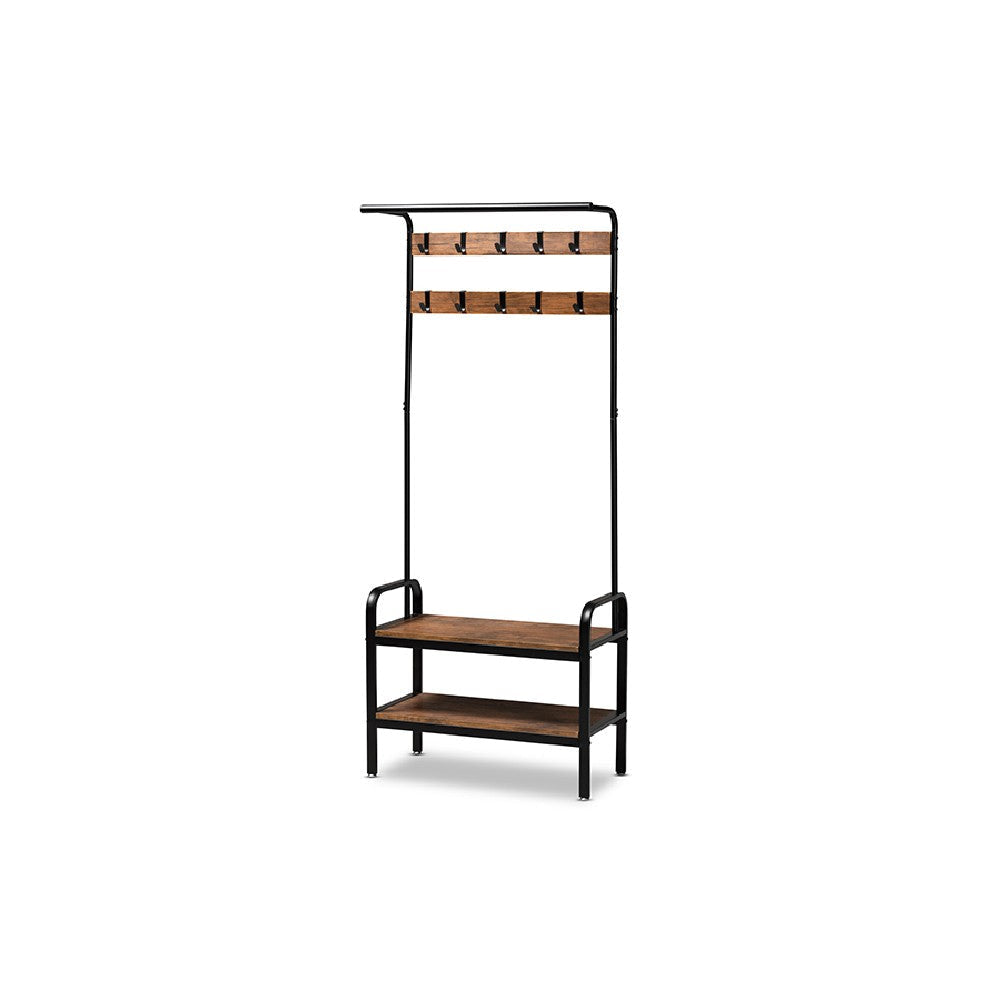 Baxton Studio Aislin Vintage Rustic Industrial Distressed Wood and Black Metal Finished Entryway Hall Tree