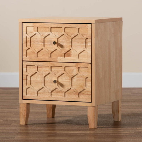 Baxton Studio Hosea Japandi Carved Honeycomb Natural 2-Drawer Nightstand