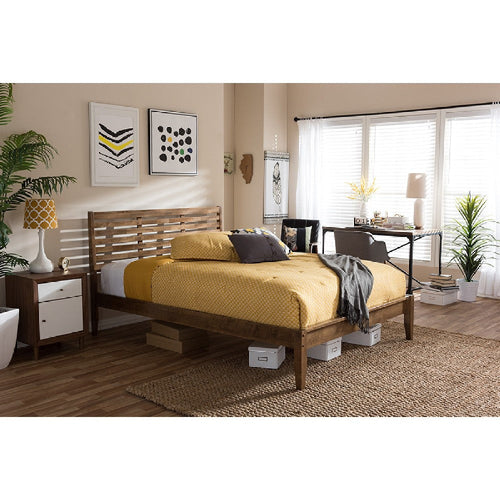 Baxton Studio Daylan Mid-Century Modern Solid Walnut Wood Slatted Queen Size Platform Bed