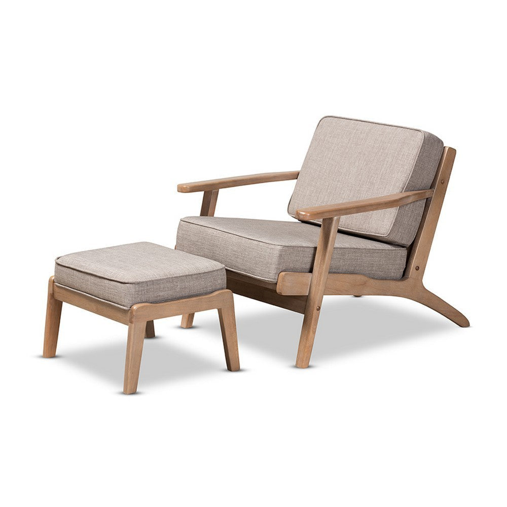 Baxton Studio Sigrid Mid-Century Modern Light Grey Fabric Upholstered Antique Oak Finished 2-Piece Wood Armchair and Ottoman Set