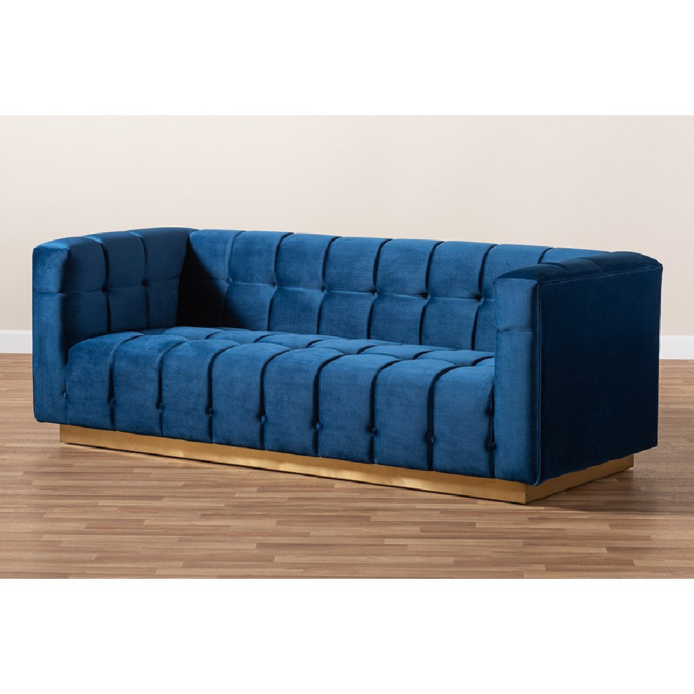 Baxton Studio Loreto Glam and Luxe Navy Blue Velvet Fabric Upholstered Brushed Gold Finished Sofa WHI-TSF-5506-Navy-Gold-SF