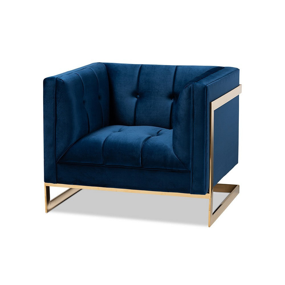 Baxton Studio Ambra Glam and Luxe Royal Blue Velvet Fabric Upholstered and Button Tufted Armchair with Gold-Tone Frame