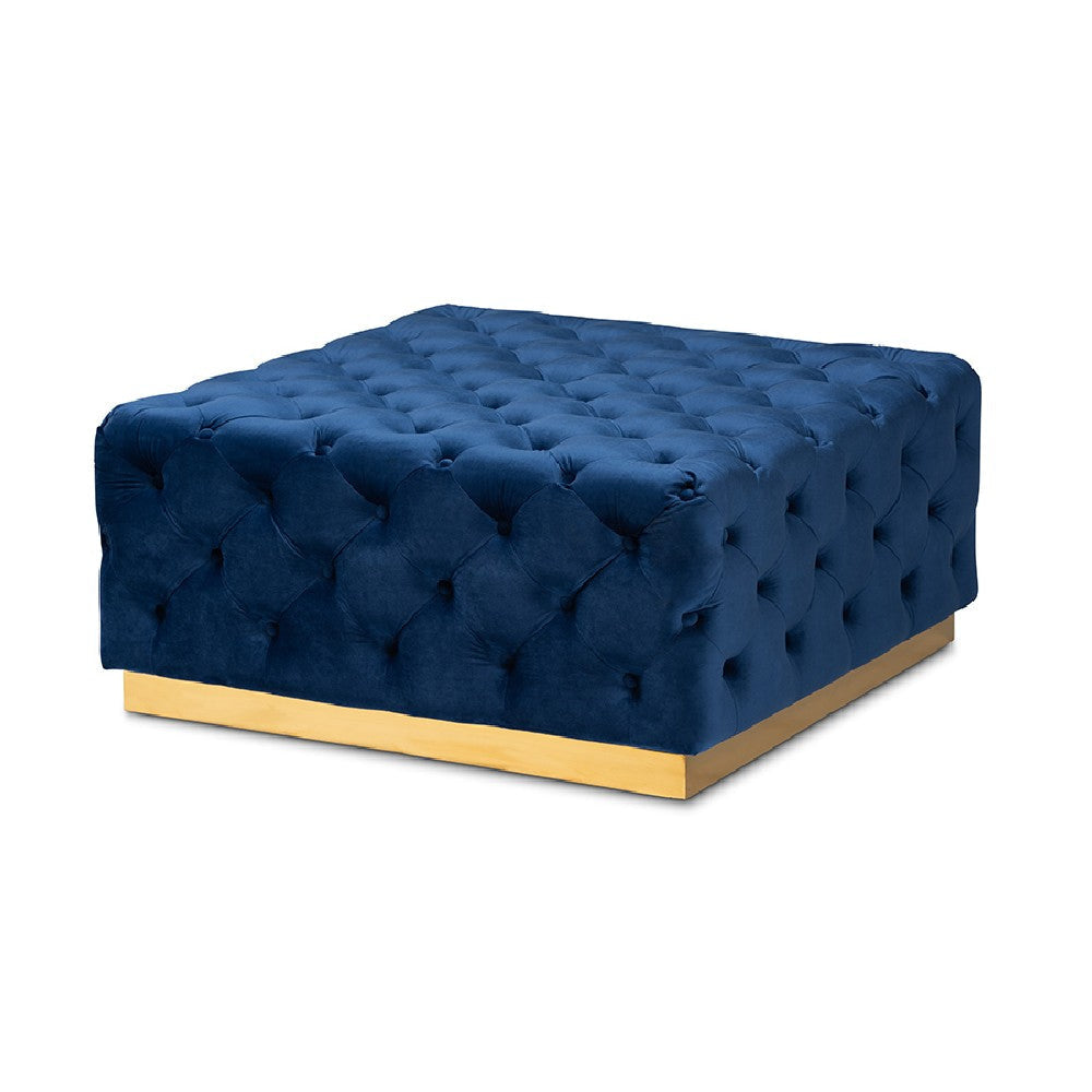 Baxton Studio Verene Glam and Luxe Royal Blue Velvet Fabric Upholstered Gold Finished Square Cocktail Ottoman
