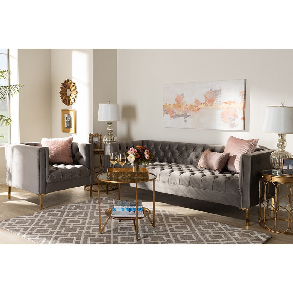 Baxton Studio Zanetta Glam and Luxe Gray Velvet Upholstered Gold Finished 2-Piece Sofa and Lounge Chair Set WHI-TSF-7723-Grey-Gold-2PC-Set