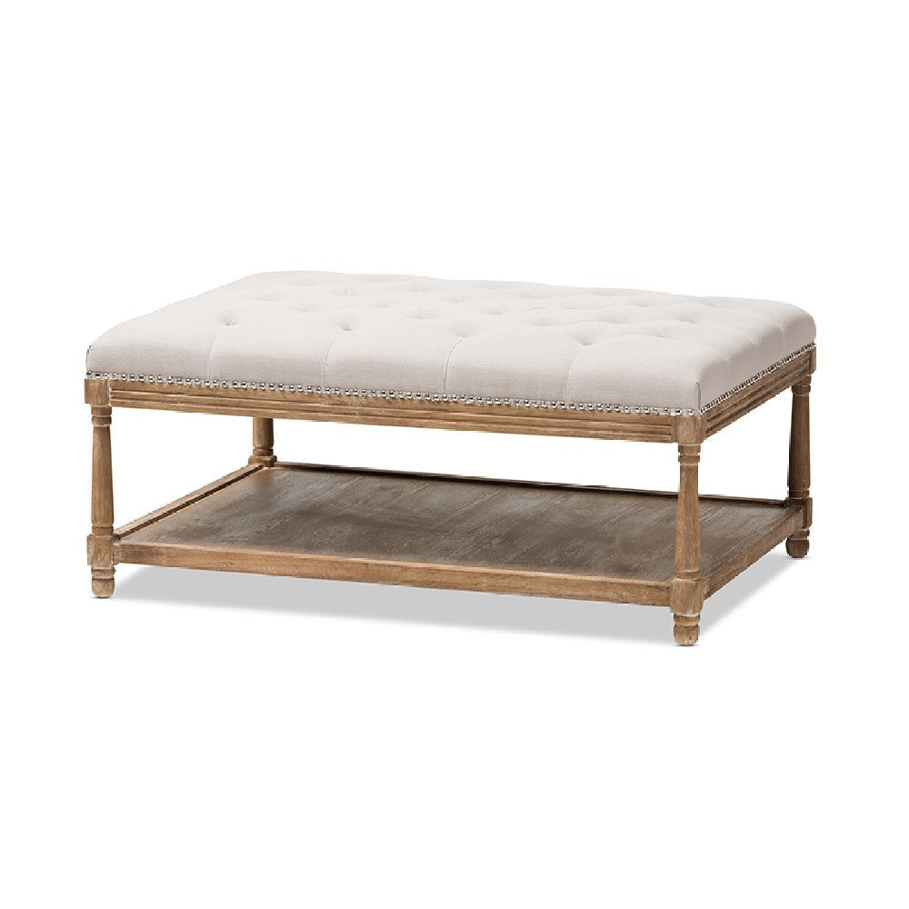 Baxton Studio Carlotta French Country Weathered Oak Beige Linen Rectangular Coffee Table Ottoman