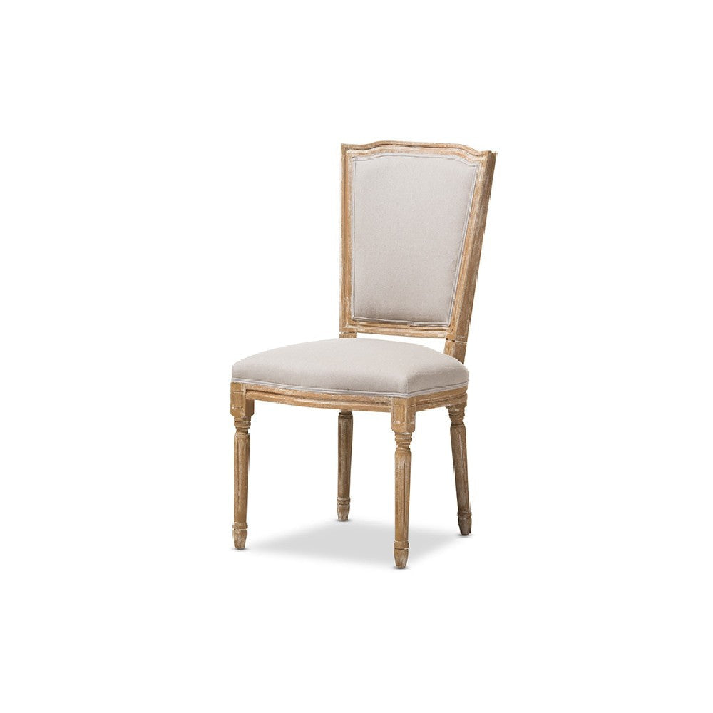 Baxton Studio Cadencia French Vintage Cottage Weathered Oak Finish Wood and Beige Fabric Upholstered Dining Side Chair
