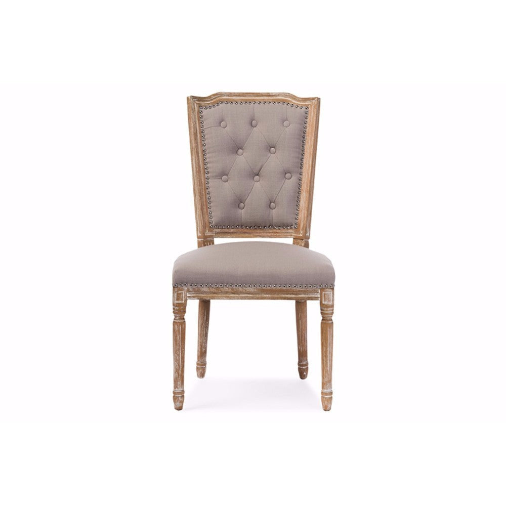 Baxton Studio Estelle Chic Rustic French Country Cottage Weathered Oak Beige Fabric Button-tufted Upholstered Dining Chair WHI-TSF-9341
